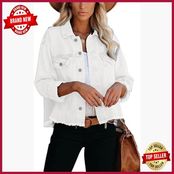 Oversized Cropped Denim Jacket with Pockets Lightweight Cotton Blend Loose Fit